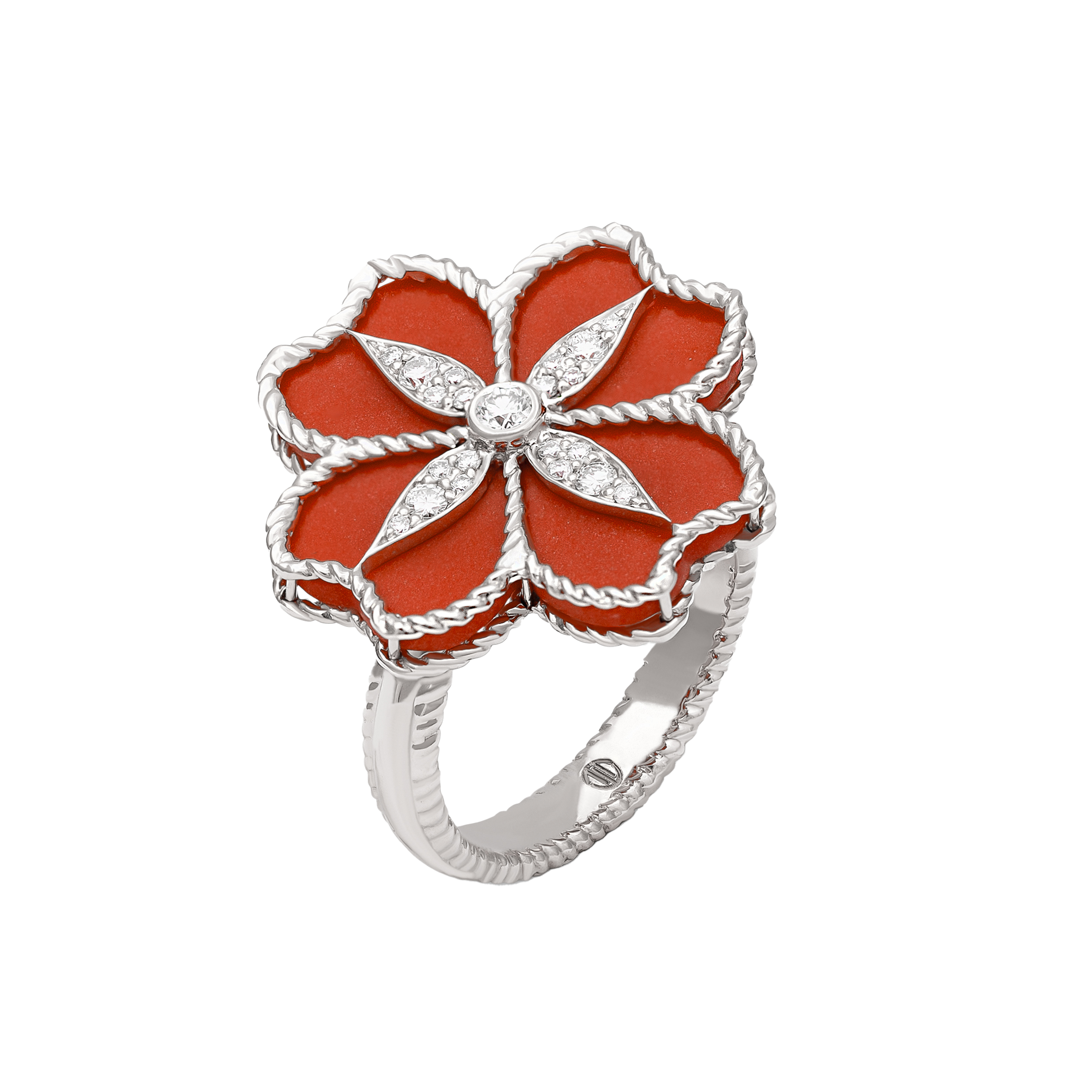 Mallow Flower Ring in 18k Yellow Gold with VS-G Diamonds and Red Enemal
